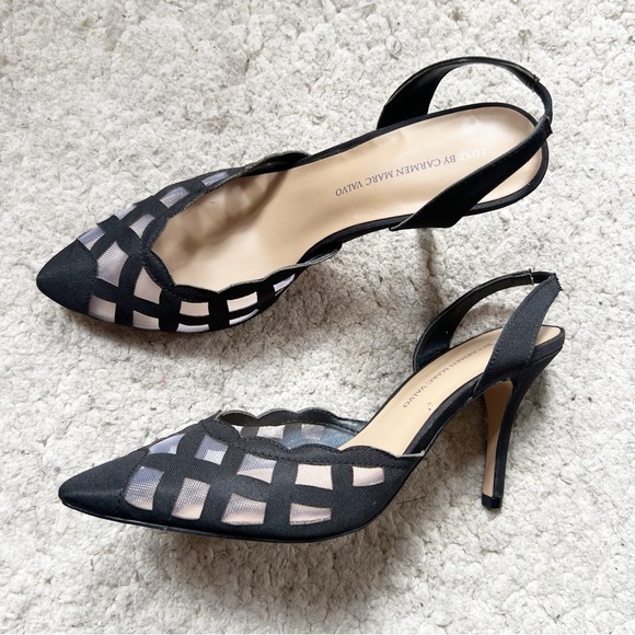 Carmen Marc Valvo Luxe Black "Teri" Mesh Sling Back Pointed Toe Pumps Size 8.5 - Picture 1 of 10